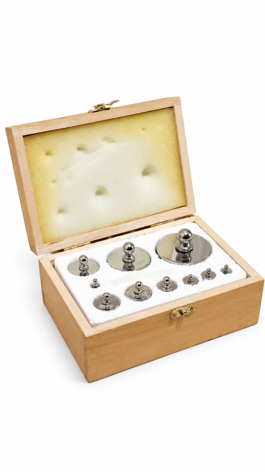 Balanza Peso Patrón Caja de Madera: 5, 10, 20(2),50, 100(2),200, 500 y 1000 Grs. Cromado - Imagen 3